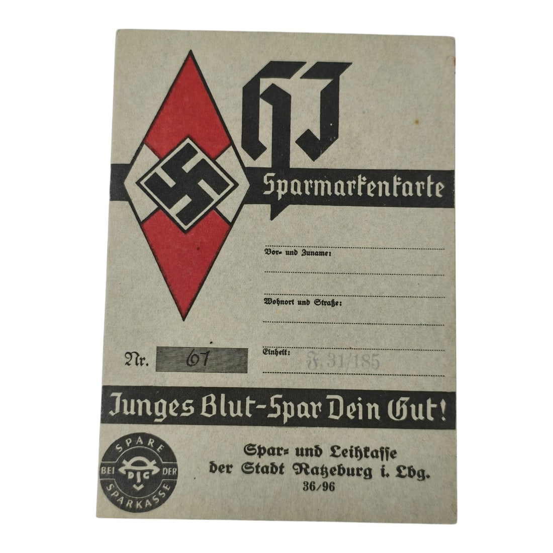 Third Reich Nazi Hitler Youth Savings Stamp Card: This is an HJ – Sparmärkenkarte (Hitlerjugend Savings Stamp Card), a small personal savings card issued to members of the Hitler Youth (Hitler-Jugend, abbreviated “HJ”) during the Nazi era.