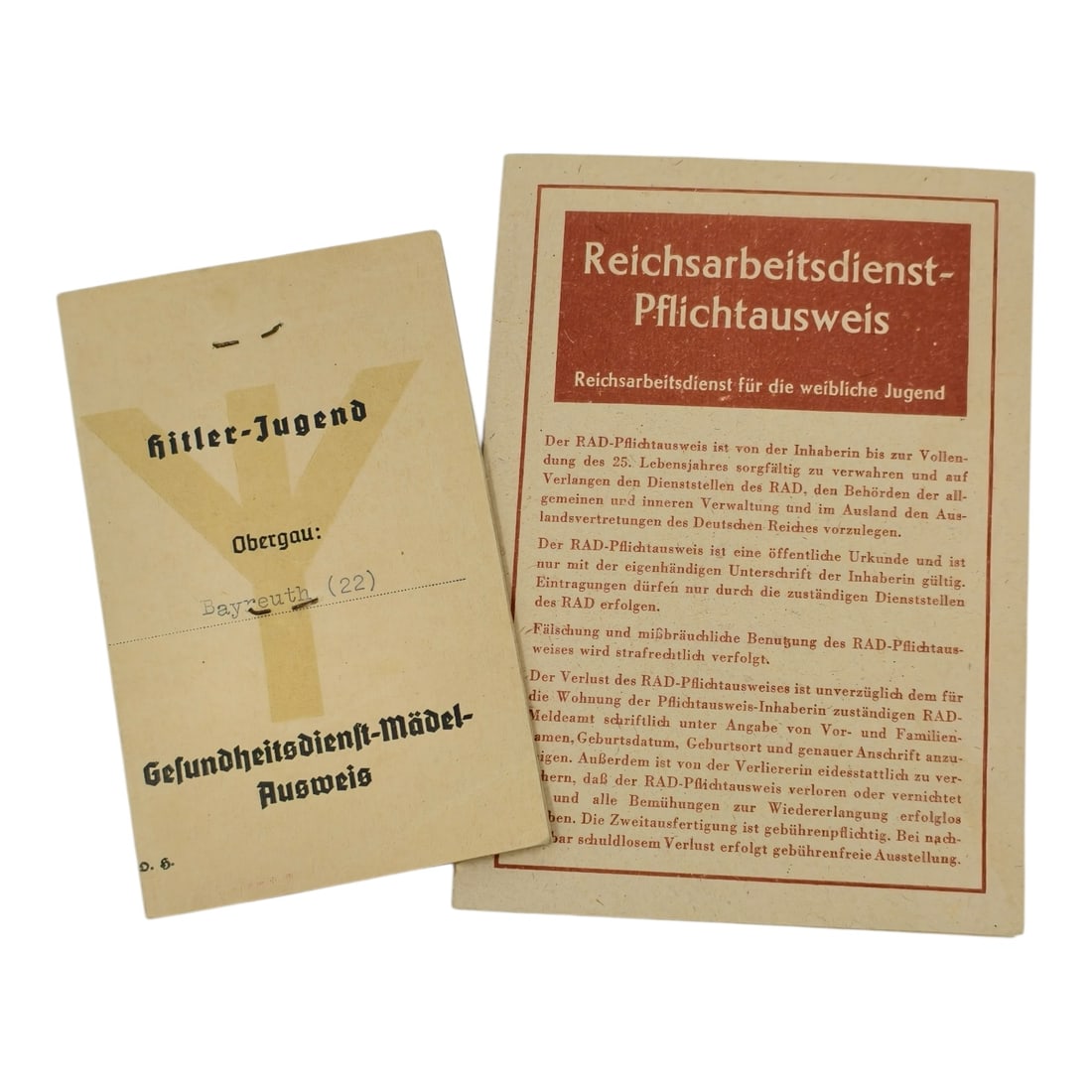 Third Reich Hitler Youth BDM + Reichsarbeitsdienst ID Booklet: These are two original identification documents issued to young women in Nazi Germany, reflecting the state-controlled programs for female youth and labor.They come from the Hitler Youth (Bund Deutsch