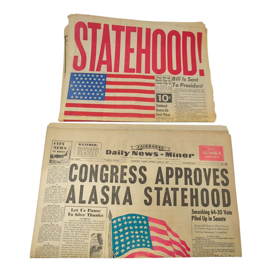 Alaska Becomes State Newspaper - Set of 2: U.S. newspaper front pages from 1958, announcing the approval of Alaska’s statehood — one of the most significant events in modern American history. For nearly a century after its purchase from Ru