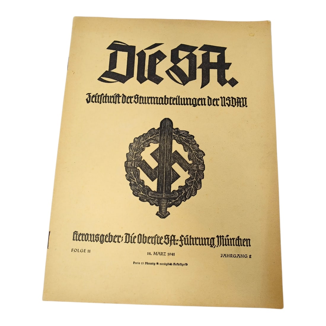 Die SA – Zeitschrift der Sturmabteilungen der NSDAP Magazine: “Die SA – Zeitschrift der Sturmabteilungen der NSDAP,” March 14, 1941 (Year 2, Issue 11)Published in Munich by Die Oberste SA-Führung (The Supreme SA Leadership)This is an original 1941 iss