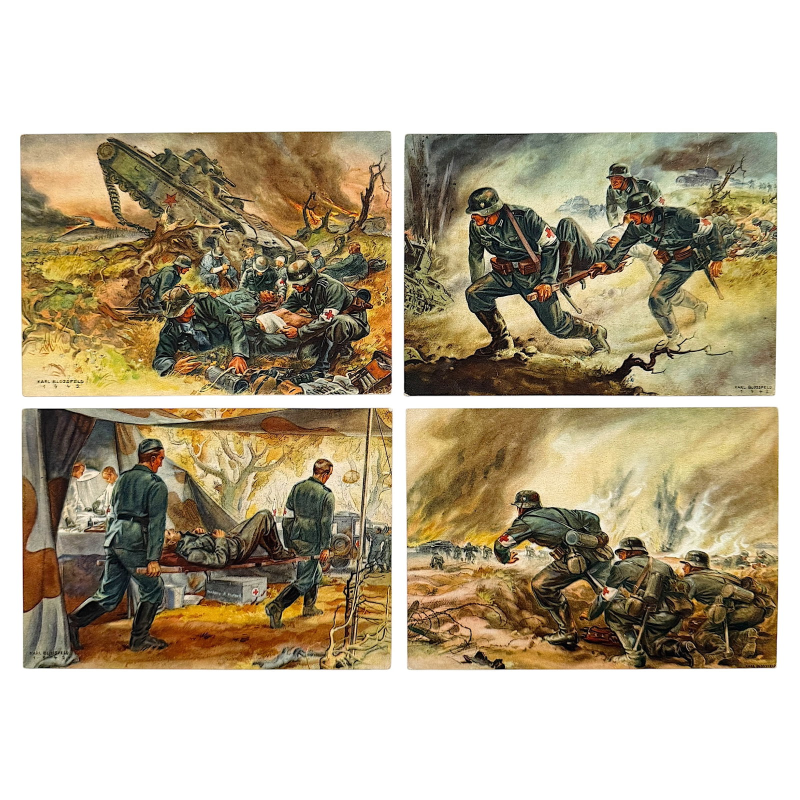 WWII German military medical ‘Sanitätsdienst’ service postcards: Set of four original WWII German military medical service postcards depicting frontline scenes of the Sanitätsdienst des Heeres. Based on artwork by Karl Bloßfeld, each postcard illustrates differen
