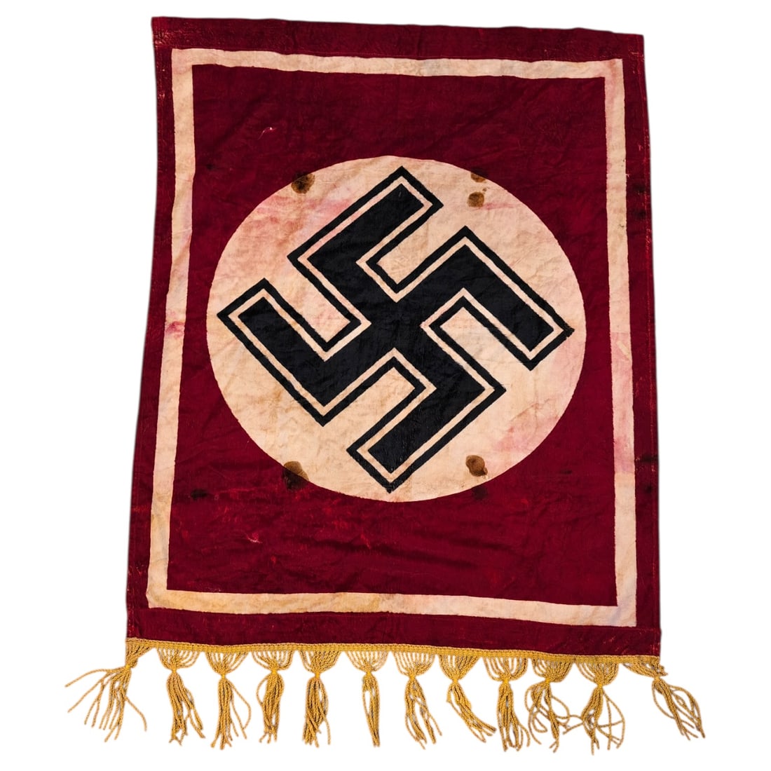 NSDAP Blood Stained Silk Velvet Tapestry Banner - Veteran Bring Back: NSDAP Blood Stained Silk Velvet Tapestry Banner - Veteran Bring Back 58 inches x 39 inches. Very special banner made from a rarely seen high end fabric. It's in good condition with several blood stain