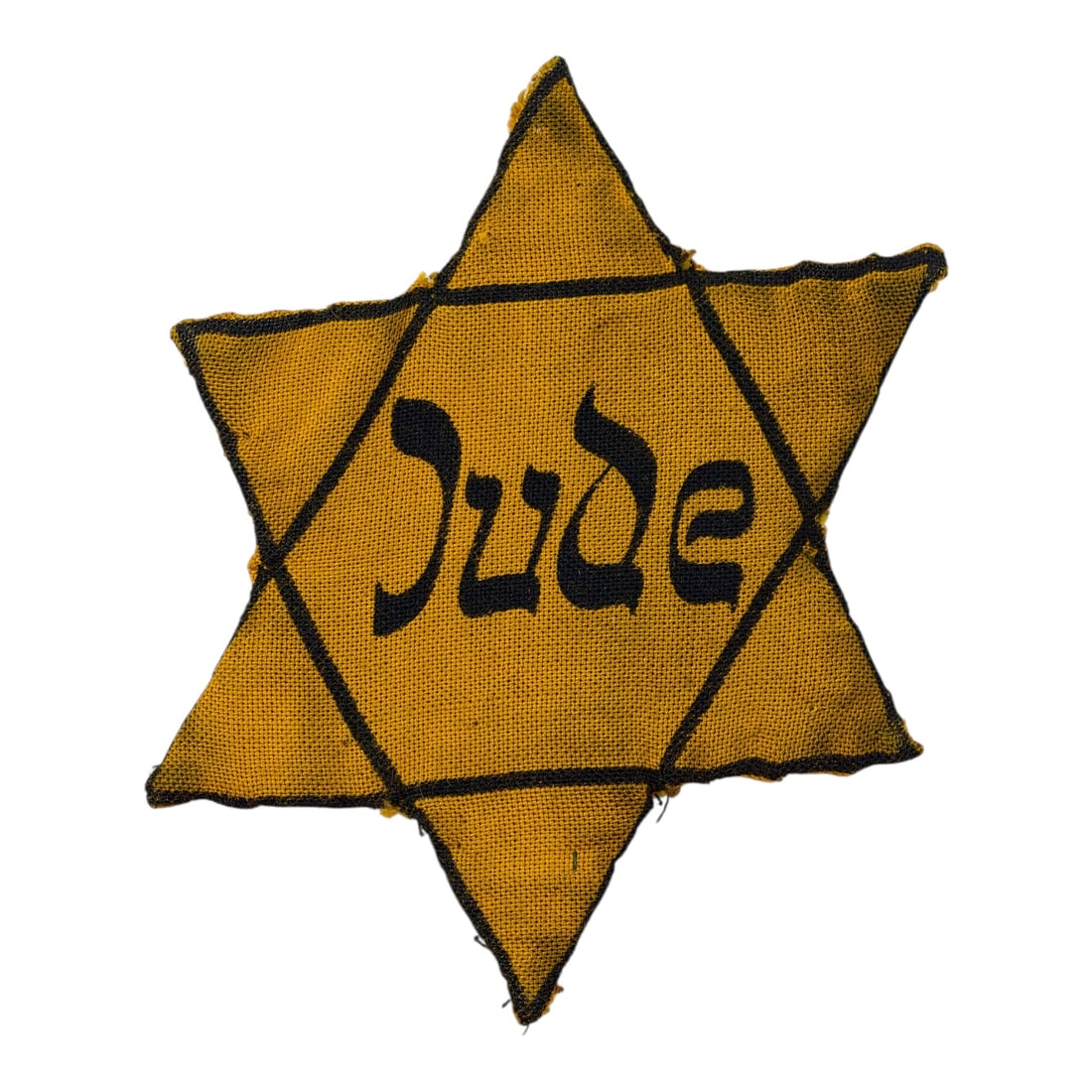 Jude Star of David Cloth Badge - Holocaust: Super scarce used condition Jewish star of David made from the correct yellow fabric with the guaranteed correct weaving in it's JUDE version for German, Polish and Czech Jews. The star has written in