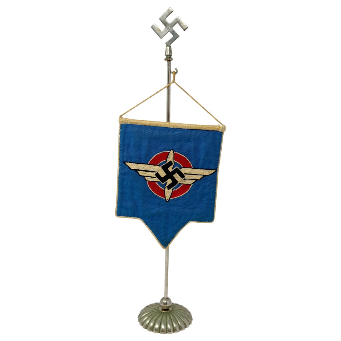 Third Reich DLV Luftwaffe Table Standard Desk Banner with Finial: Original German World War II DLV Luftwaffe desk standard (table banner), featuring a finely embroidered emblem of the Luftwaffe—a stylized winged insignia with central swastika—set against a blue