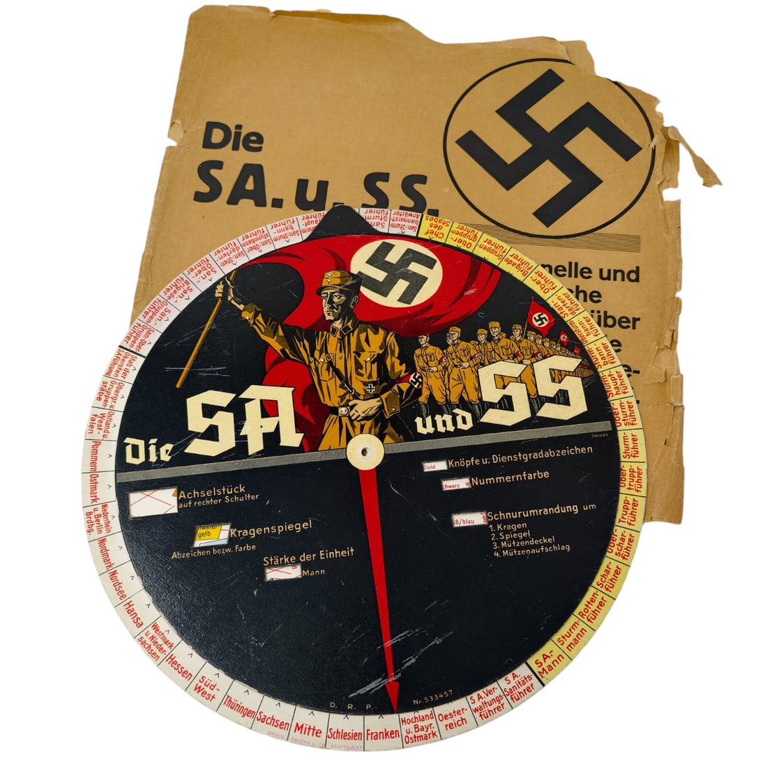 SA & SS Rotating Organizational Chart (Drehscheibe) with Original Folder: WWII German SA & SS Rotating Organizational Chart (Drehscheibe) with Original FolderOriginal German Third Reich-era SA & SS instructional rotating chart (Drehscheibe), accompanied by its original