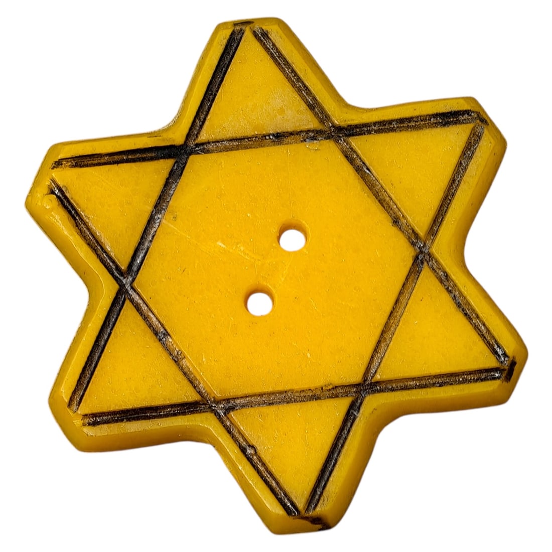 Third Reich Era Bulgarian Star of David Button: Very rare example of the distinctive Jewish badge (yellow star button) that the Jews of Bulgaria were forced to wear on their clothing by order of the German authorities. Despite widespread and determ
