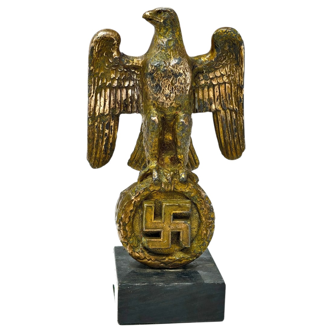 Third Reich Nazi Desk Eagle: Third Reich Nazi Desk Eagle. Condition is not great, likely stored improperly or possibly ground dug. Base is replaced. About 9 inches tall.
