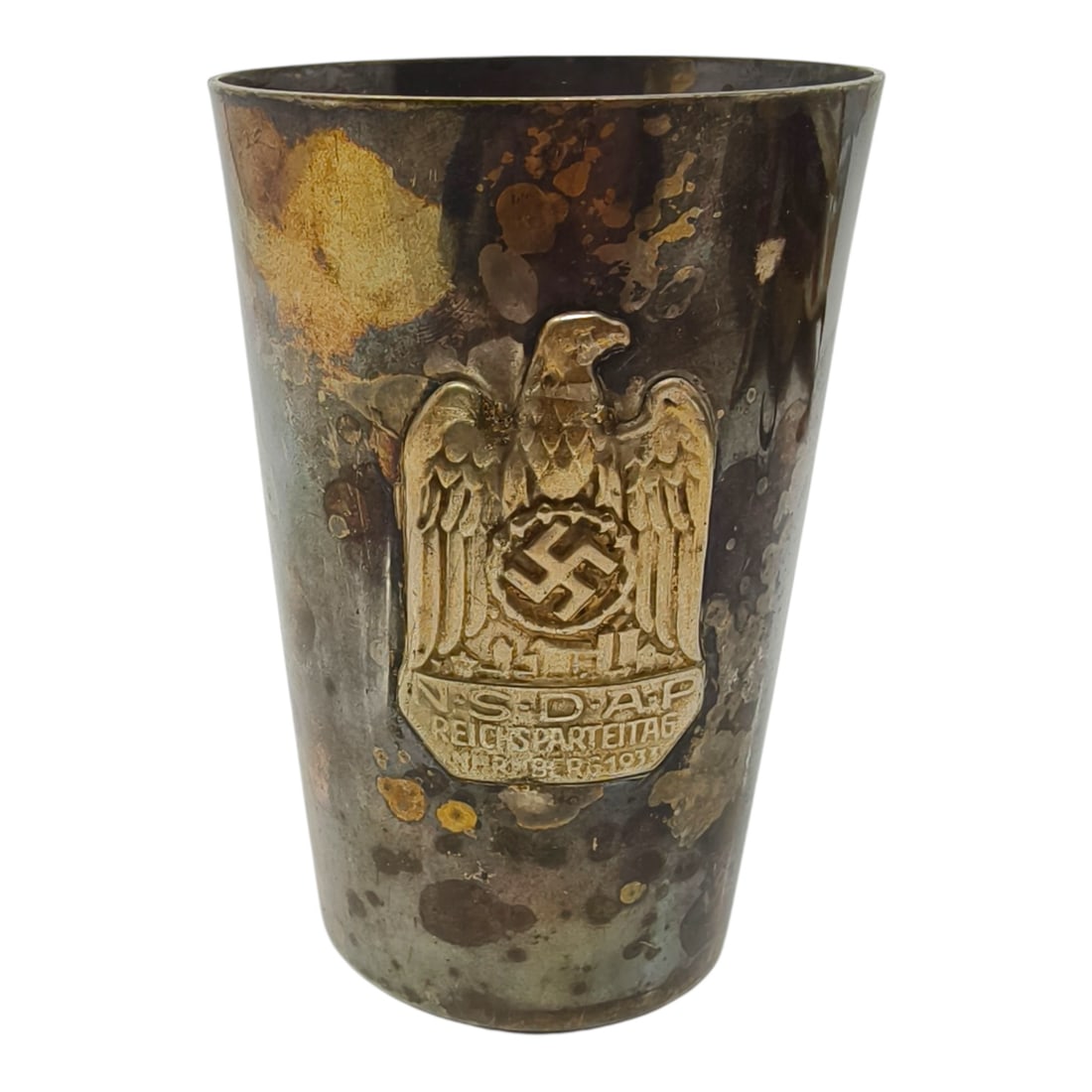 Third Reich Nazi Reichsparteitag 1933 Commemorative Silvered Cup: Third Reich Nazi Reichsparteitag 1933 Commemorative Silvered Cup. Marked “DW / SCHWERTE”. In the 1930's and 40's the company produced metalware and enamelware, including Serving trays, Househo