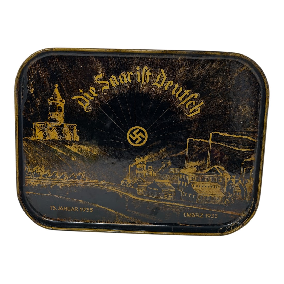 NSDAP Commemorative Tray Die Saar ist Deutsch 1935: Rectangular bakelite commemorative tray produced in Germany to mark the Saar plebiscite of 1935, following which the Saar Territory was returned to Germany. The tray features the slogan “Die Saa