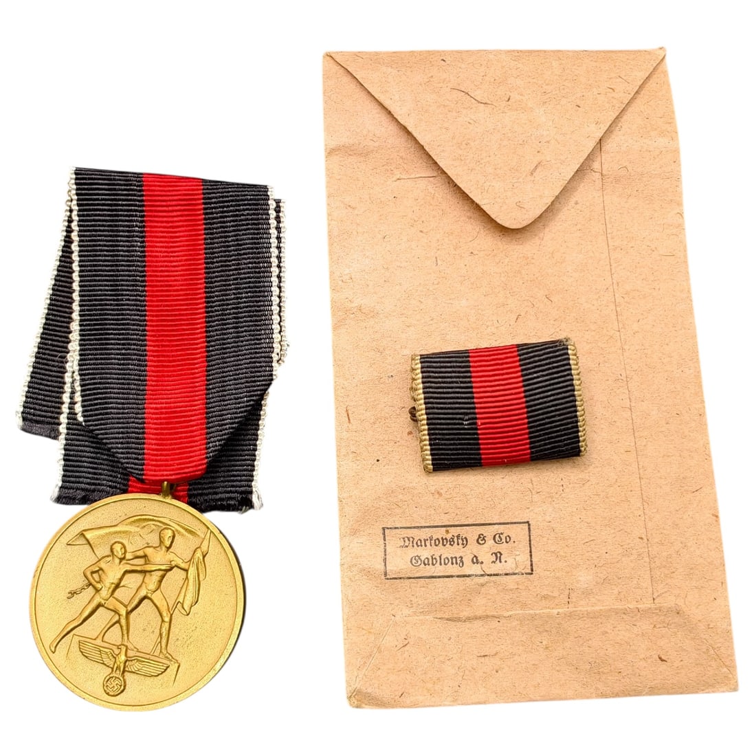 Third Reich Nazi Sudetenland Medal with Ribbon Bar and Envelope: Third Reich Nazi Sudetenland Medal with Ribbon Bar and Envelope