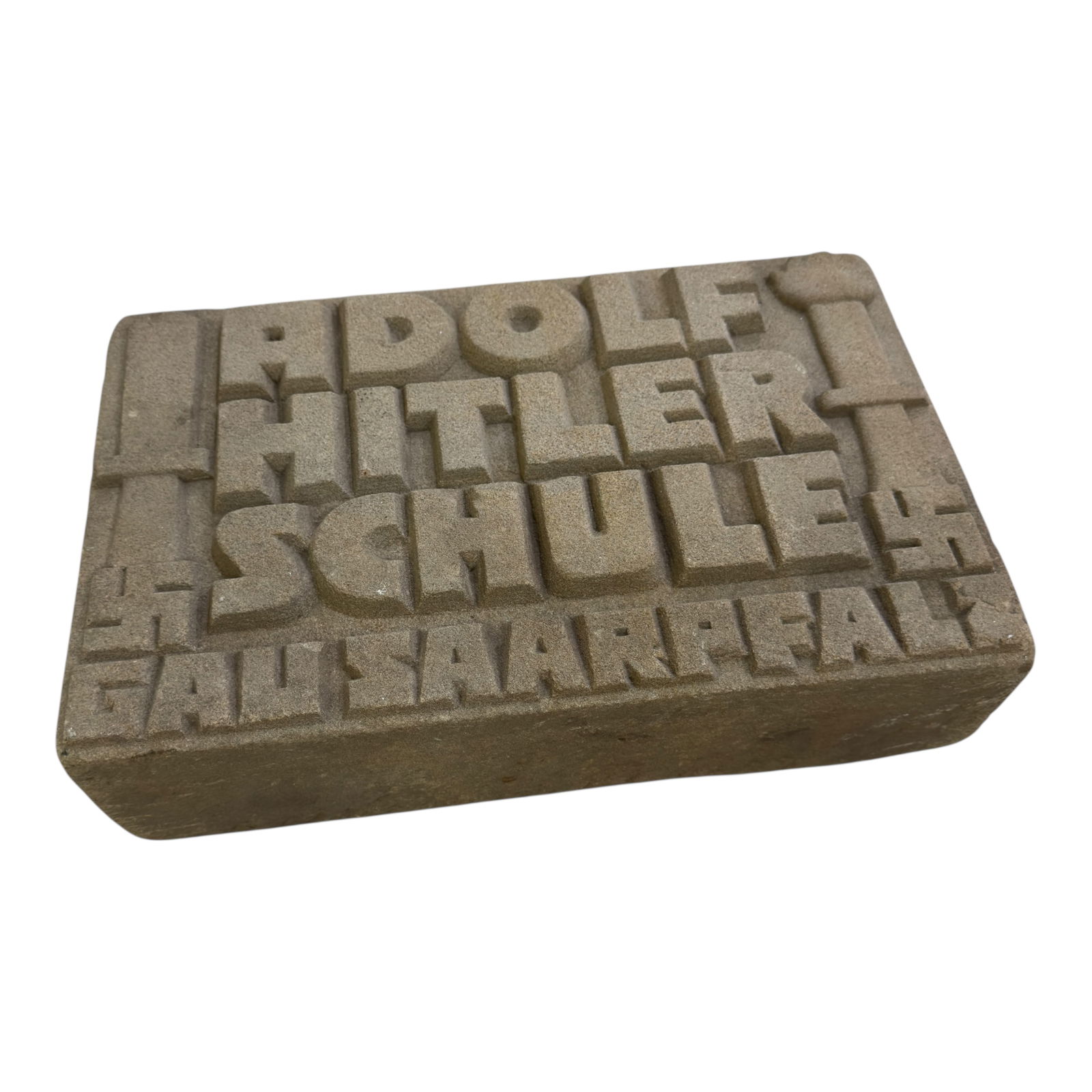 Adolf Hitler Schule Foundation Stone for Gau Saarpfalz School: Adolf Hitler Schule Foundation Stone for Gau Saarpfalz School which would've been located in Landstuhl, Germany. This massive stone block measures about 16 inches x 10 inches x 4 inches and weighs 55