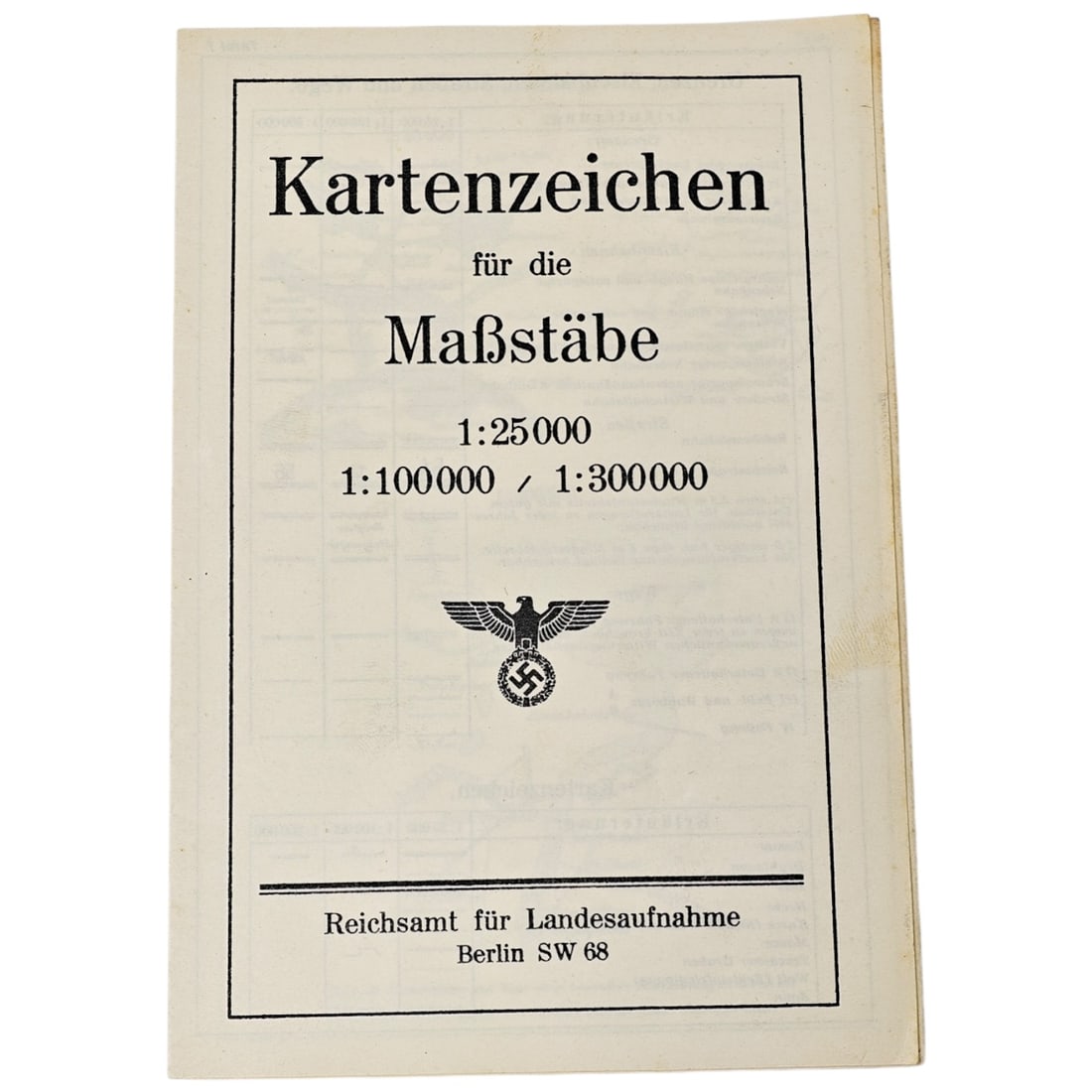 Third Reich Booklet for Map Symbol Referencing: Original German cartographic reference booklet detailing map symbols (Kartenzeichen) for various standard map scales used by the Reichsamt für Landesaufnahme (Reich Office for Surveying).