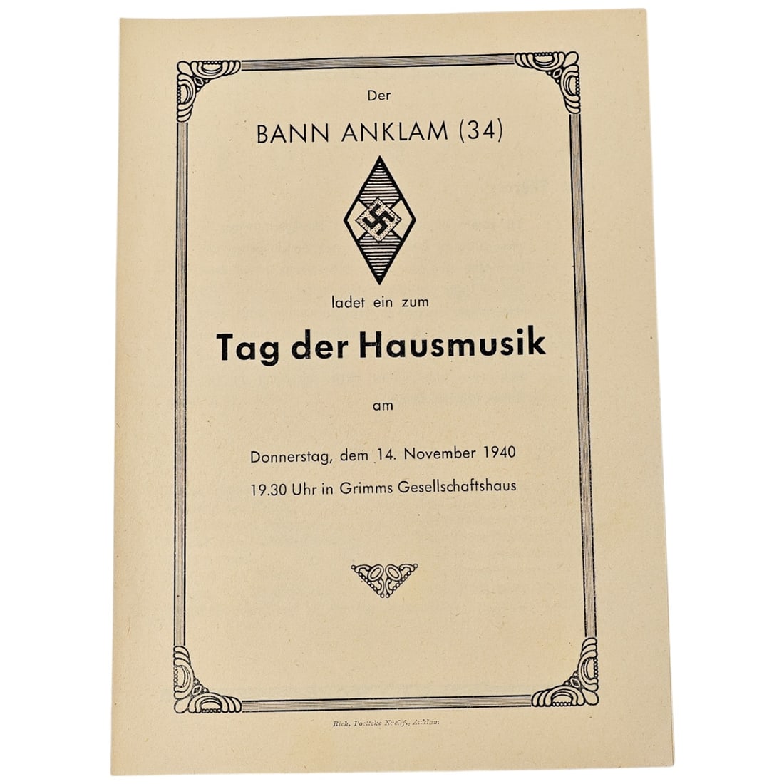 Hitler Youth Tag der Hausmusik Day of House Music Program: Original German event program booklet for a “Tag der Hausmusik” (Day of House Music), organized by Bann Anklam (34) and held on November 14, 1940. This piece is a complete event program, combi
