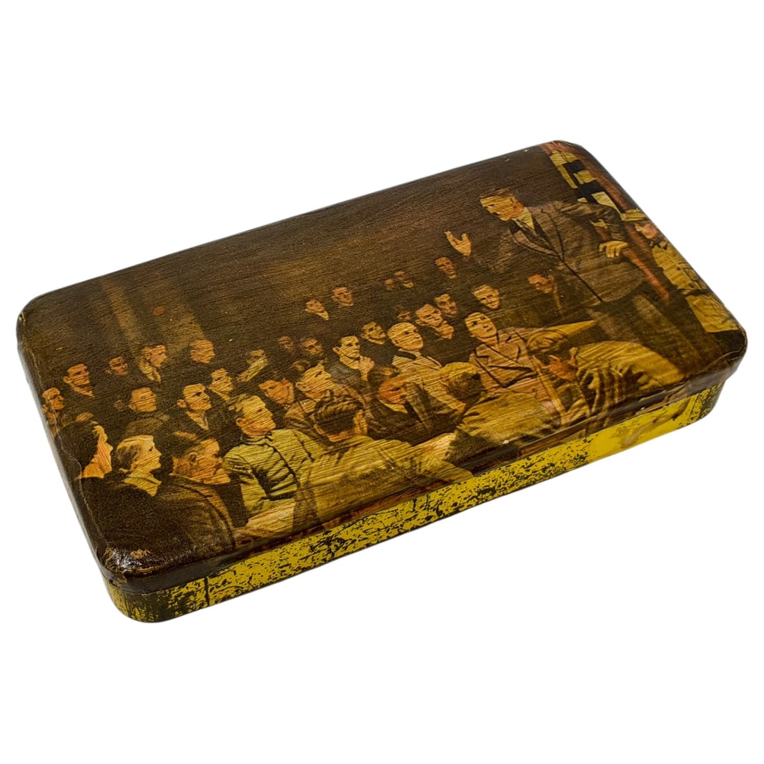 Adolf Hitler Small Tin Box: Adolf Hitler Small Tin Box depicting an early beer hall meeting