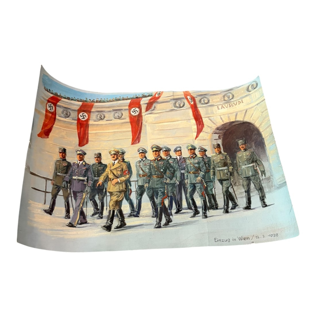 Adolf Hitler Third Reich Nazi Water Color Painting by by Klaus Frister: Adolf Hitler Third Reich Nazi Water Color Painting. This is a painted depiction of Adolf Hitler and Nazi officials marching in Vienna, with swastika banners displayed.At the bottom right of the artwor