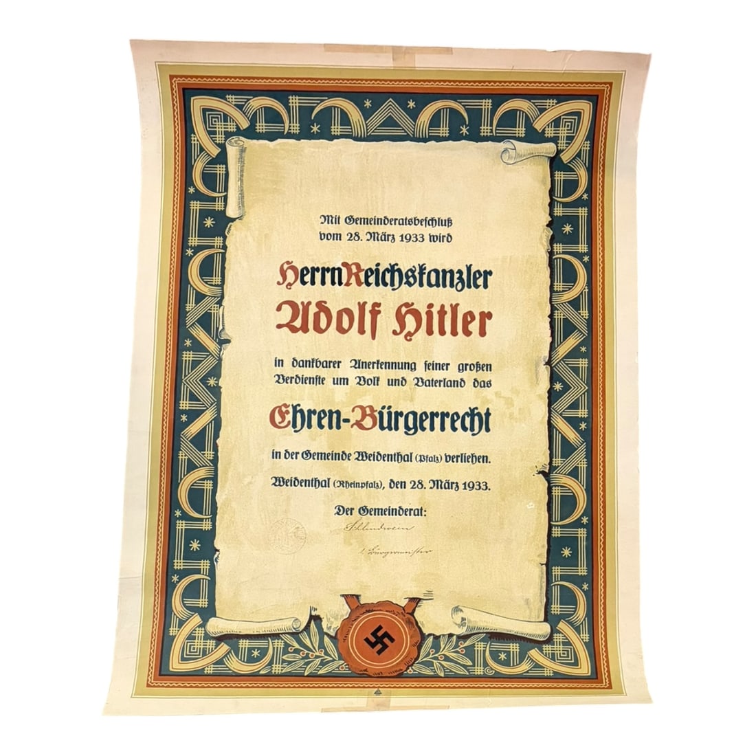 Adolf Hitler Honorary Citizen Certificate: Original German certificate dated March 28, 1933, awarding honorary citizenship Ehrenbürgerrecht to Reich Chancellor Adolf Hitler by the municipality of Weidenthal Rheinpfalz.This document reflects e