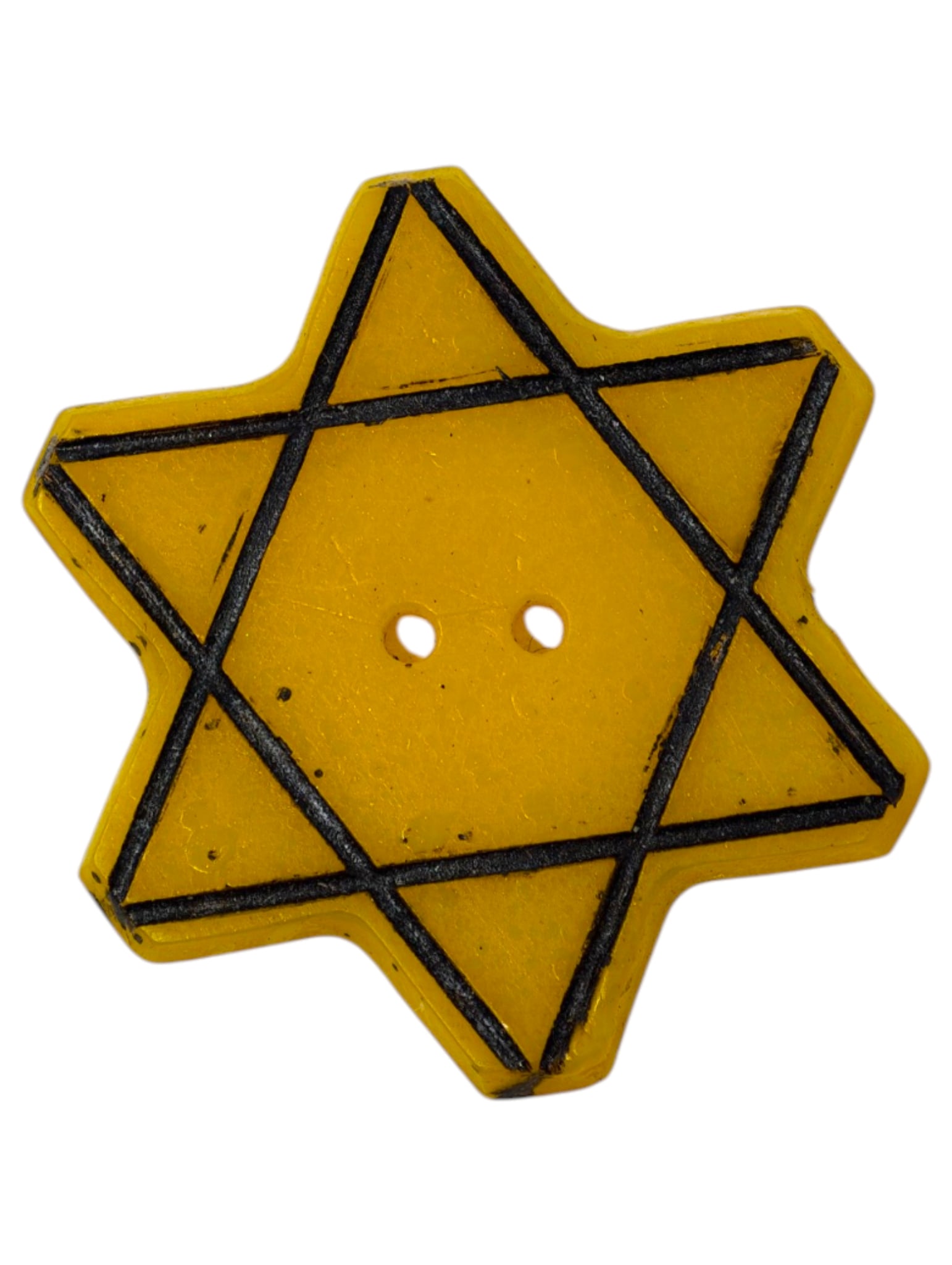 Third Reich Era Bulgarian Star of David Button: Very rare example of the distinctive Jewish badge (yellow star button) that the Jews of Bulgaria were forced to wear on their clothing by order of the German authorities. Despite widespread and