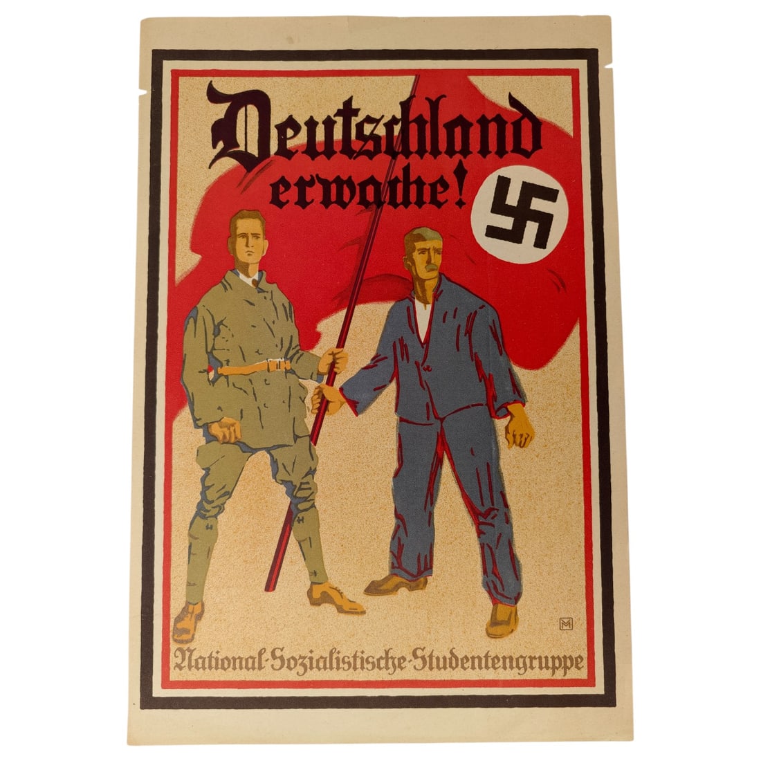 Nazi-Era PropagandaPoster "Deutschland Erwache!" - National-Sozialistische Studentengruppe (NSDStB): German Third Reich-Era Propaganda Poster "Deutschland Erwache!" by Rudolf Hess, 1921 - NSDStB, Ex-Hess Family Estate. This small color-lithographed broadside, titled "Deutschland erwache!" ("Germany