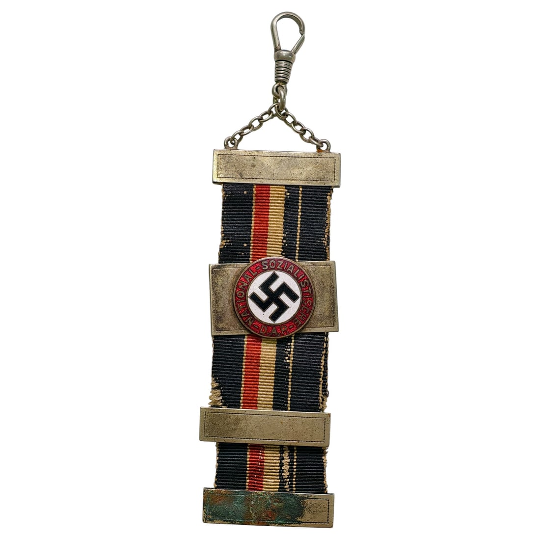 German Third Reich NSDAP Membership Ribbon Fob/Pin: A small ribbon-bar style fob featuring black-white-red striped ribbon mounted between metal bands, with a central enamel roundel inscribed 'NATIONAL-SOZIALISTISCHE...' surrounding a swastika. Fitted w