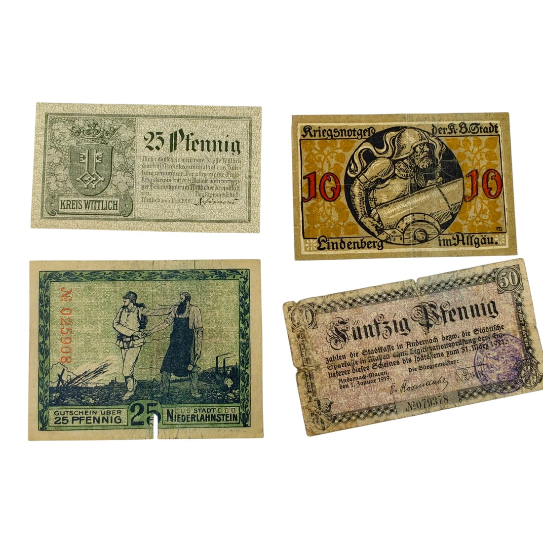 Group of German Notgeld Emergency Paper Money (WWI/Early Weimar Era), 4 Notes (1 of 2)