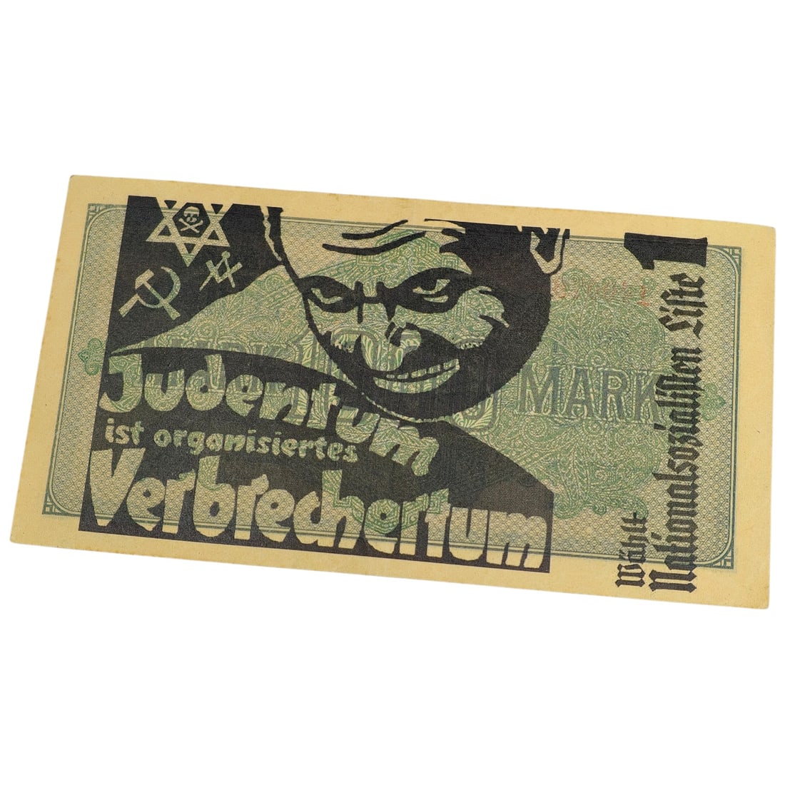 German 1922 Reichsbanknote 1000 Mark with Antisemitic Propaganda Overprint: A genuine Weimar-era Reichsbanknote for 1000 Mark, dated Berlin, 15 September 1922, serial number Ca 140079, printed by the Reichsbankdirektorium with the standard eagle seals and signatures. The obve