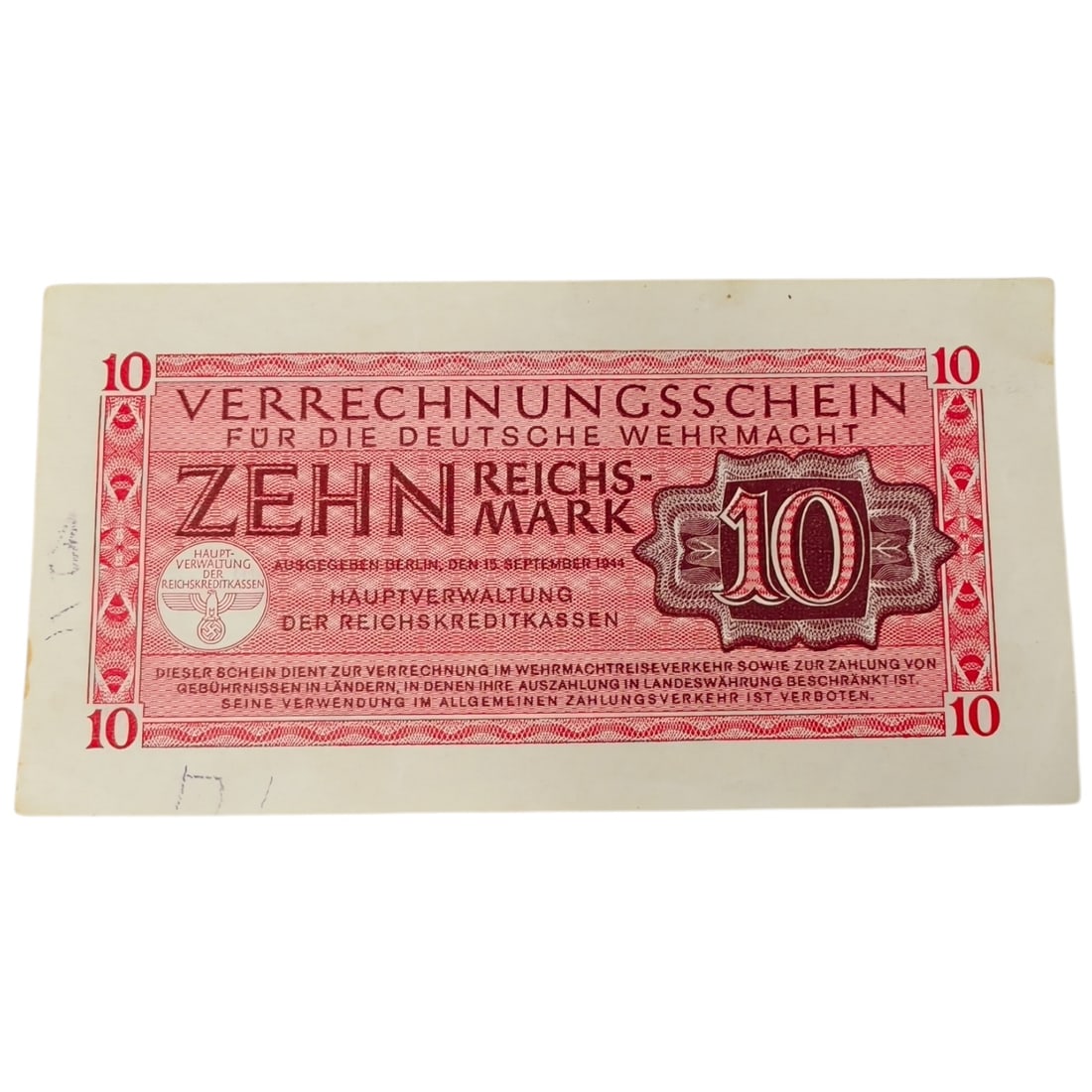 Third Reich Nazi Reichsmark Money Bill: A German WWII military currency note (Verrechnungsschein für die deutsche Wehrmacht) with a face value of 10 Reichsmark, issued in Berlin, dated 15 September 1944. The note bears printed text identif