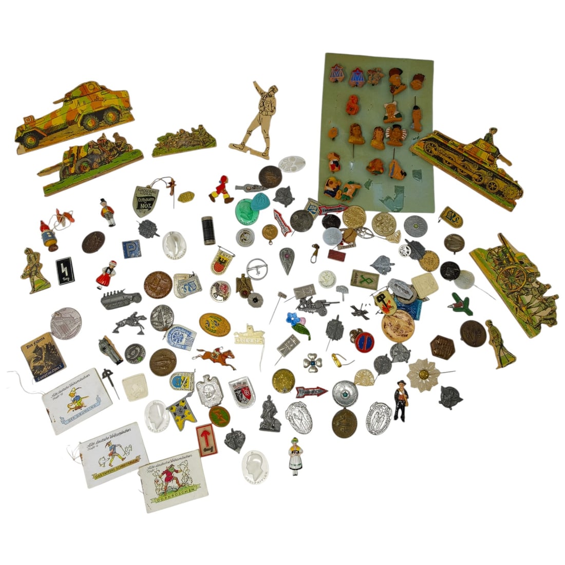 Large Mixed Lot of German WHW Badges, Tinnies, Pins and Cardboard Vehicle Cut-Outs: A large collection of small collectibles including a set of WHW (Winterhilfswerk) donation badges and tinnies in various shapes (shields, flowers, insignia), miniature figural pins, cloth/metal insign