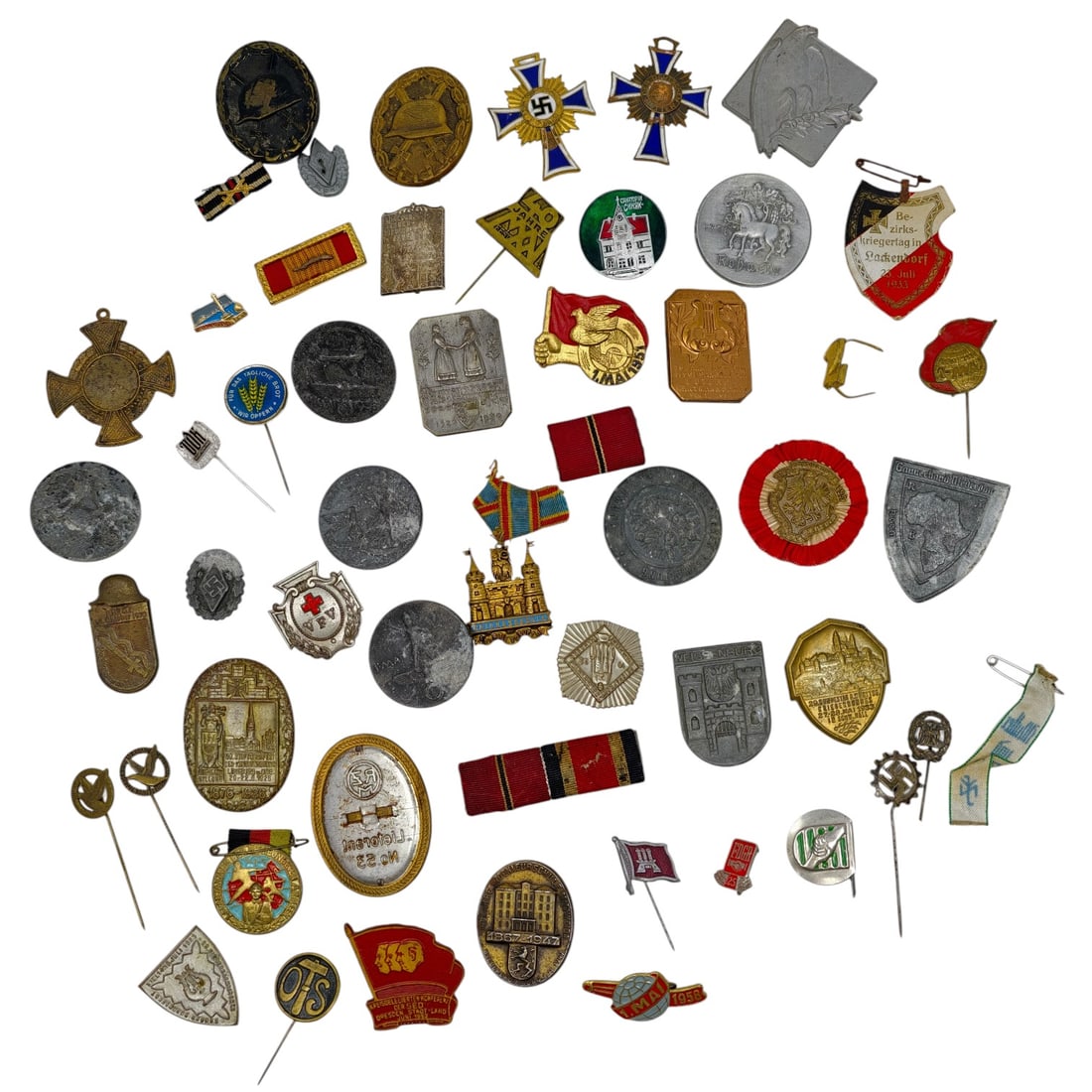 Mixed German Badges, Medals, and Stickpins Lot Including Some WHW/Third Reich Pieces: A mixed grouping of a set of German badges, tinnies, stickpins, medallions, and decorations spanning the Imperial and Third Reich periods. Includes WHW (Winterhilfswerk) donation badges, veteran/Kyffh