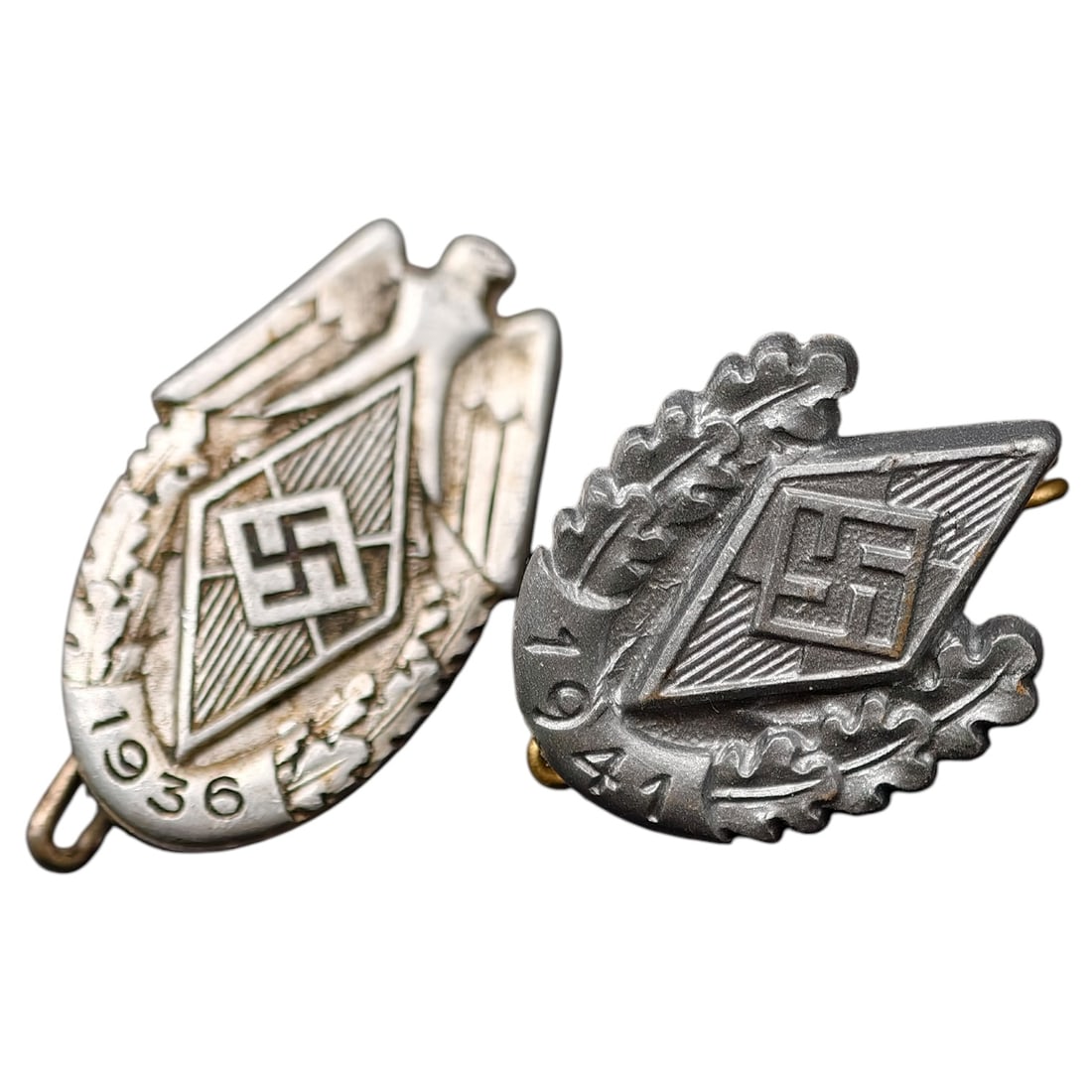 German WWII-Era Pin Badges Dated 1936 and 1941, Attributed to Hitler Youth (1 of 2)