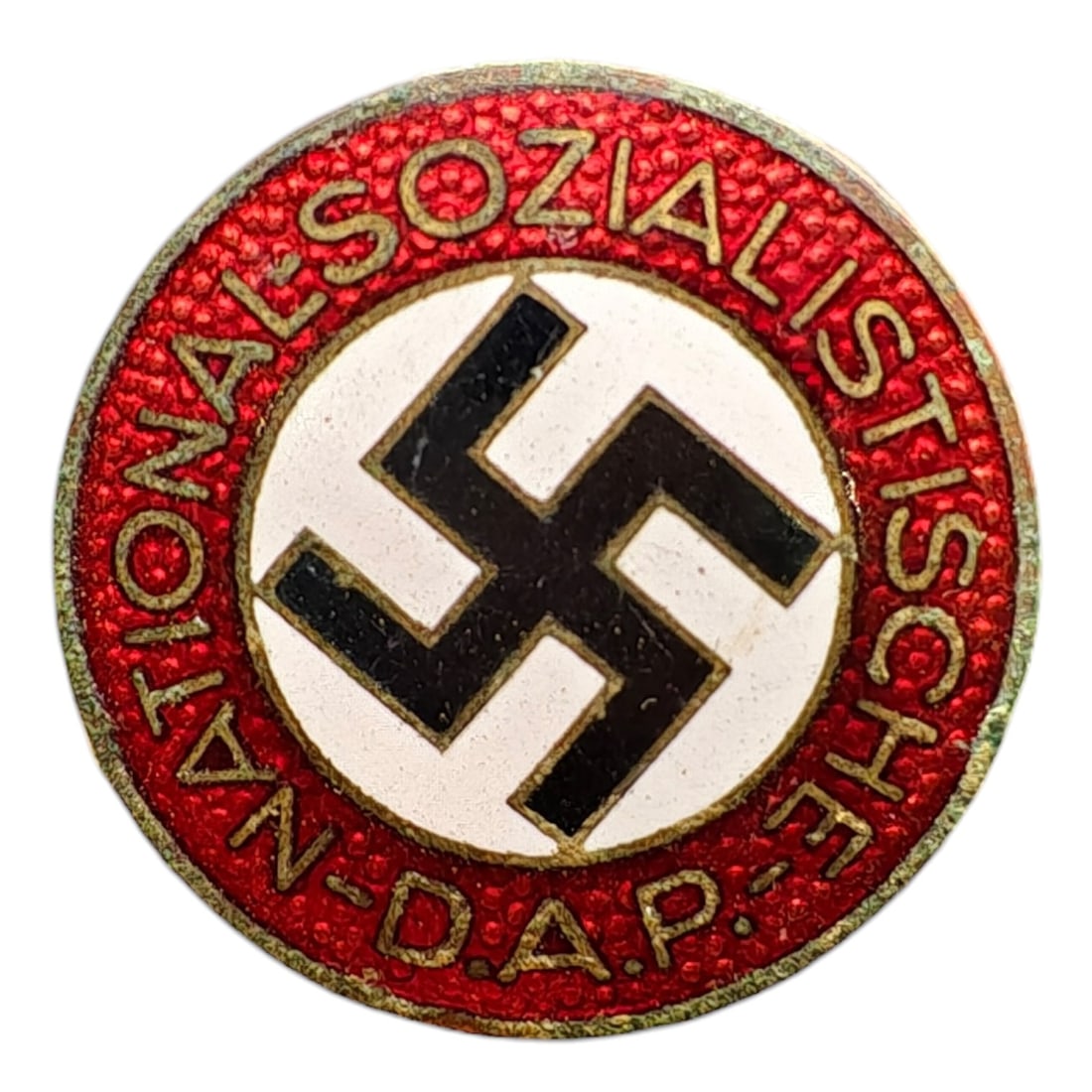 NSDAP Membership Badge RZM M1/101: A round enameled membership badge with red enamel border reading "NATIONAL-SOZIALISTISCHE D.A.P." surrounding a central white enamel disc with black mobile swastika. No maker mark (RZM number or manuf