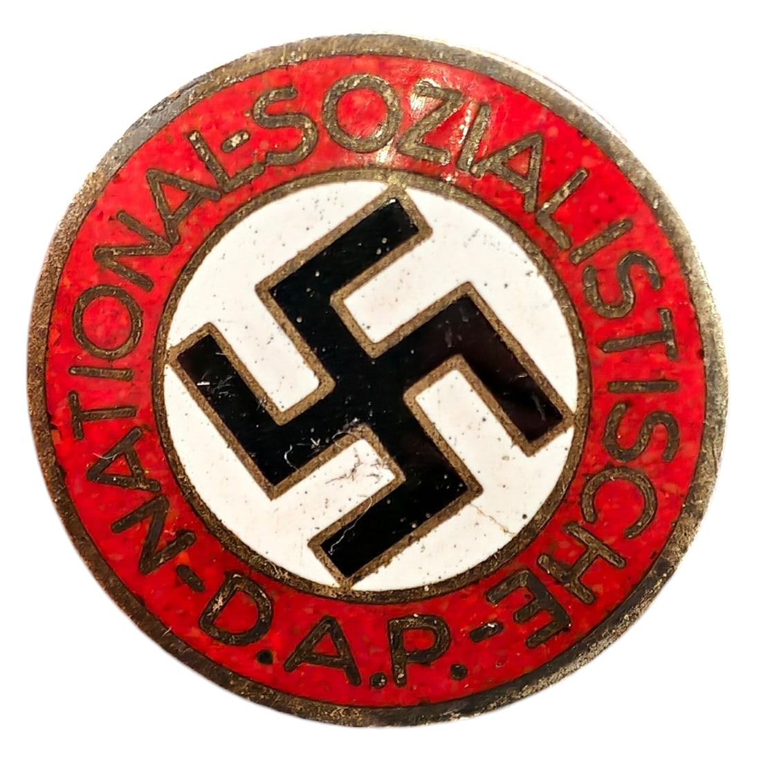 NSDAP Membership Badge: Round enamel membership badge for the Nationalsozialistische Deutsche Arbeiterpartei (NSDAP), with red enamel outer band, white center field, and black mobile swastika. Reverse features the RZM logo