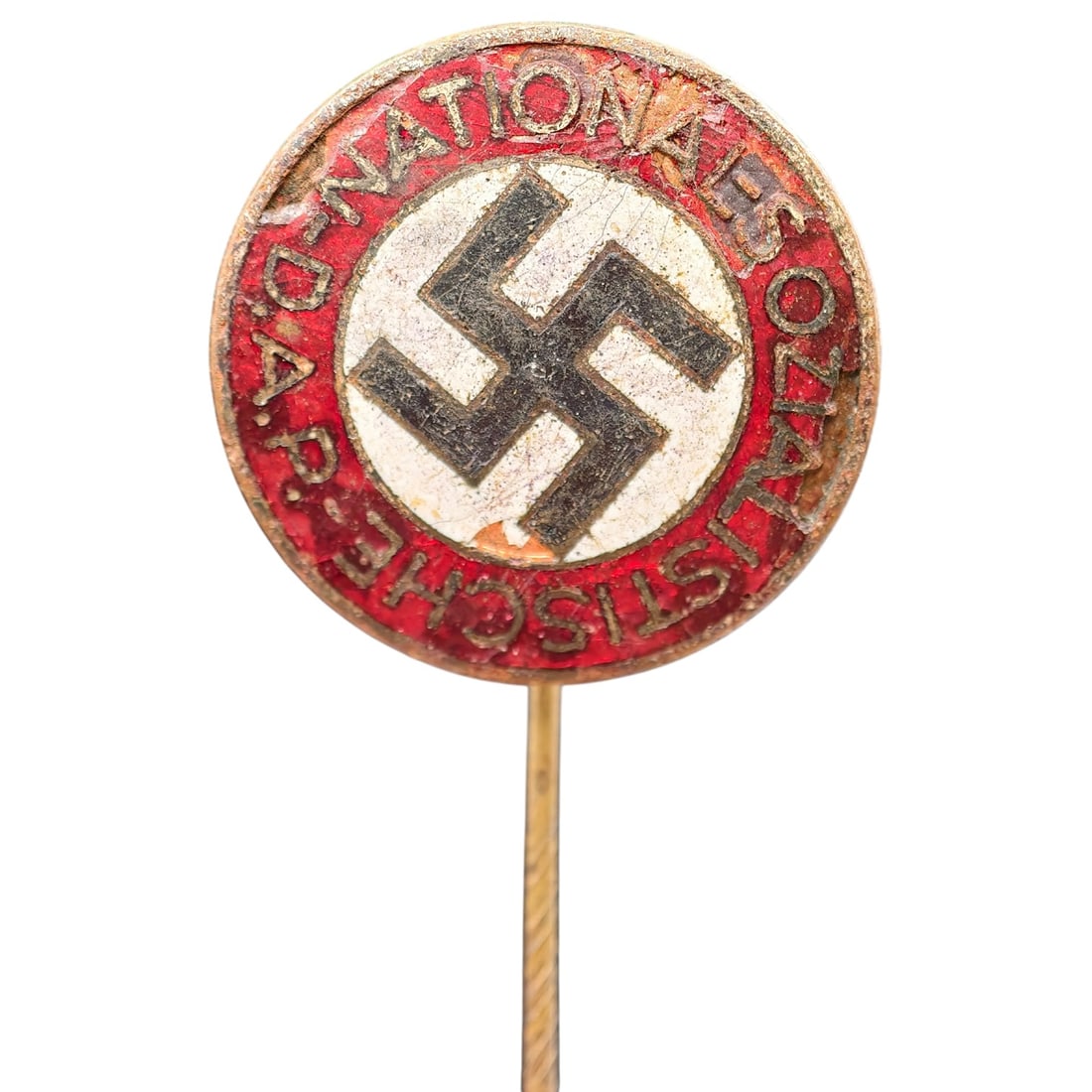 Third Reich NSDAP Membership Stickpin: A round enameled NSDAP membership converted into a stickpin with red enamel ground, black mobile swastika on white center field, and raised lettering reading 'NATIONALSOZIALISTISCHE D.A.P.' around