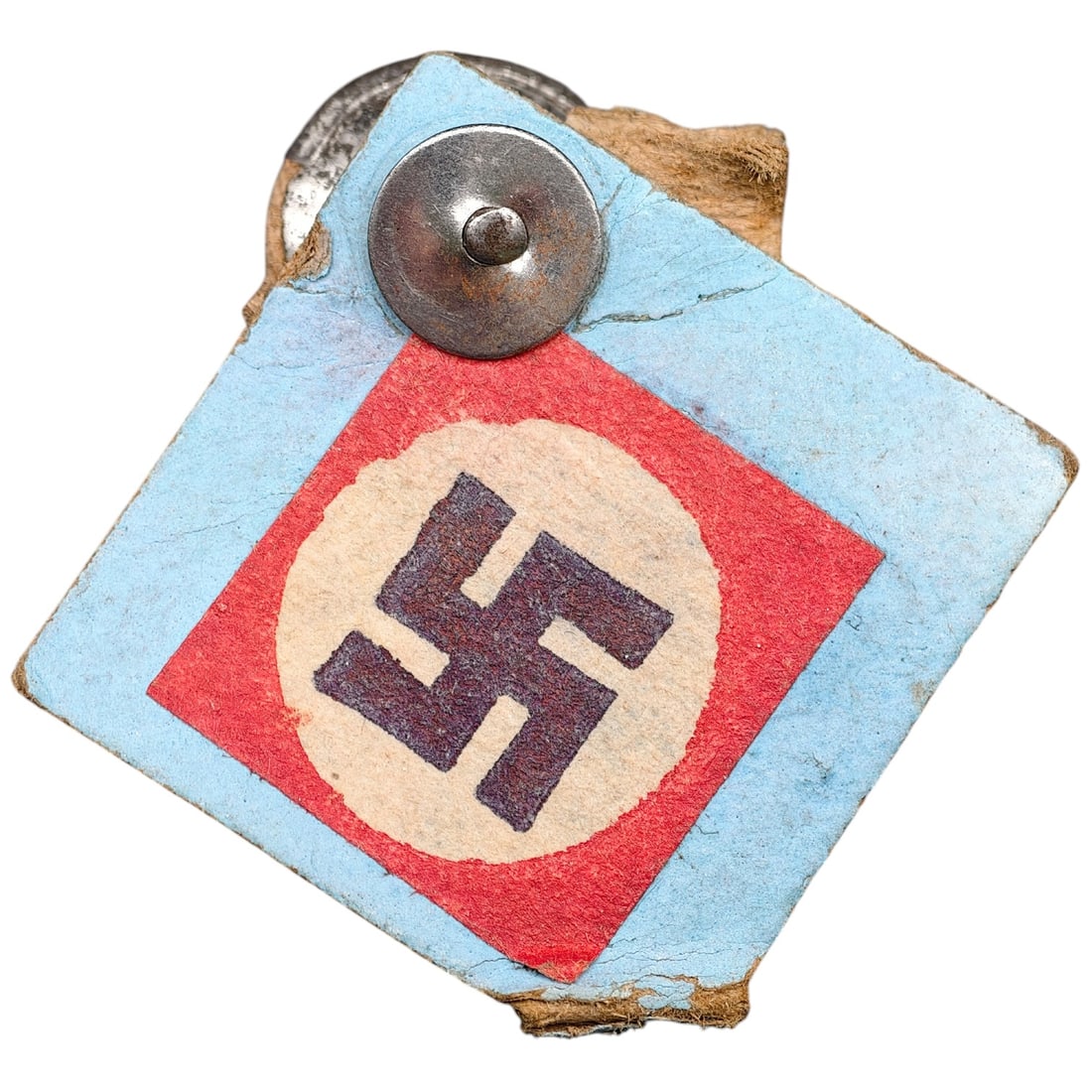 German WWII Era NSDAP Cardboard Membership Stickpin Badge: Small paper-covered paper stickpin badge with a red field bearing a central white roundel and swastika, mounted on a light blue paper/card backing. Reverse shows the tan cardstock with partial pencil