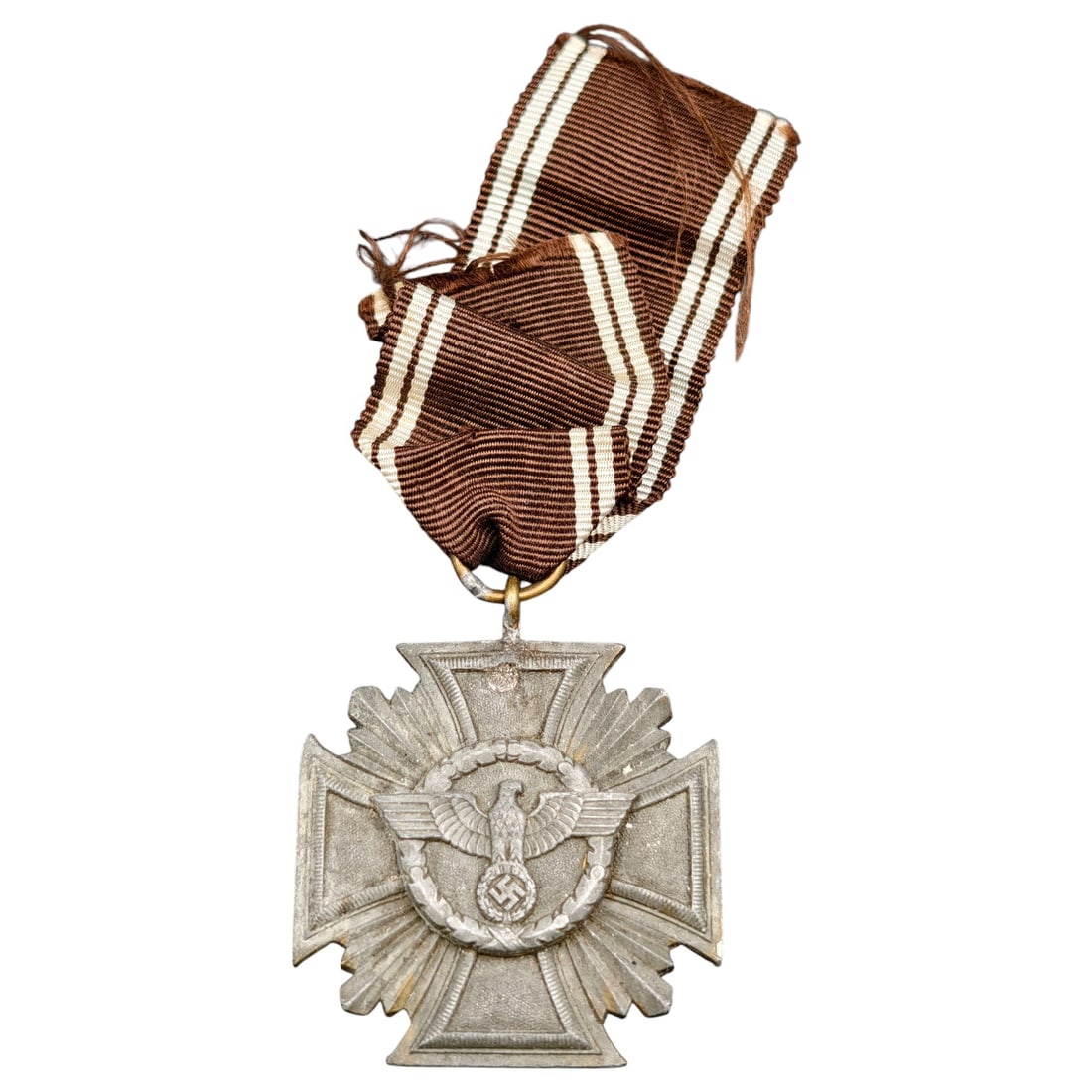 NSDAP 10 Year Loyal Service Medal: Third Reich period NSDAP Faithful Service Medal (Dienstauszeichnung) for 10 years of service, cross-form medal in what appears to be silvered white metal with radiating sunburst pattern. Obverse