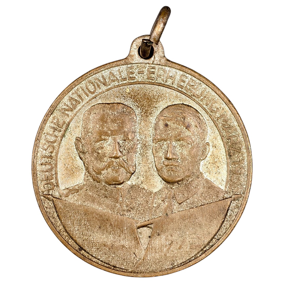 Adolf Hitler Hindenburg 1933 Commemorative Medal: A pendant medal in what appears to be bronze/tombac commemorative issued to mark the 1933 "National Uprising," with conjoined portrait busts of Paul von Hindenburg and Adolf Hitler on the obverse, ins