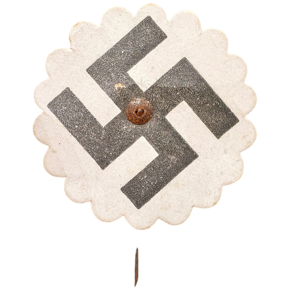 Early NSDAP Paper Flower Pin Badge: A scalloped-edge paper donation flower badge, printed with a black swastika design on a cream ground, affixed with a metal pin back and central rivet/button attachment. This type was typically