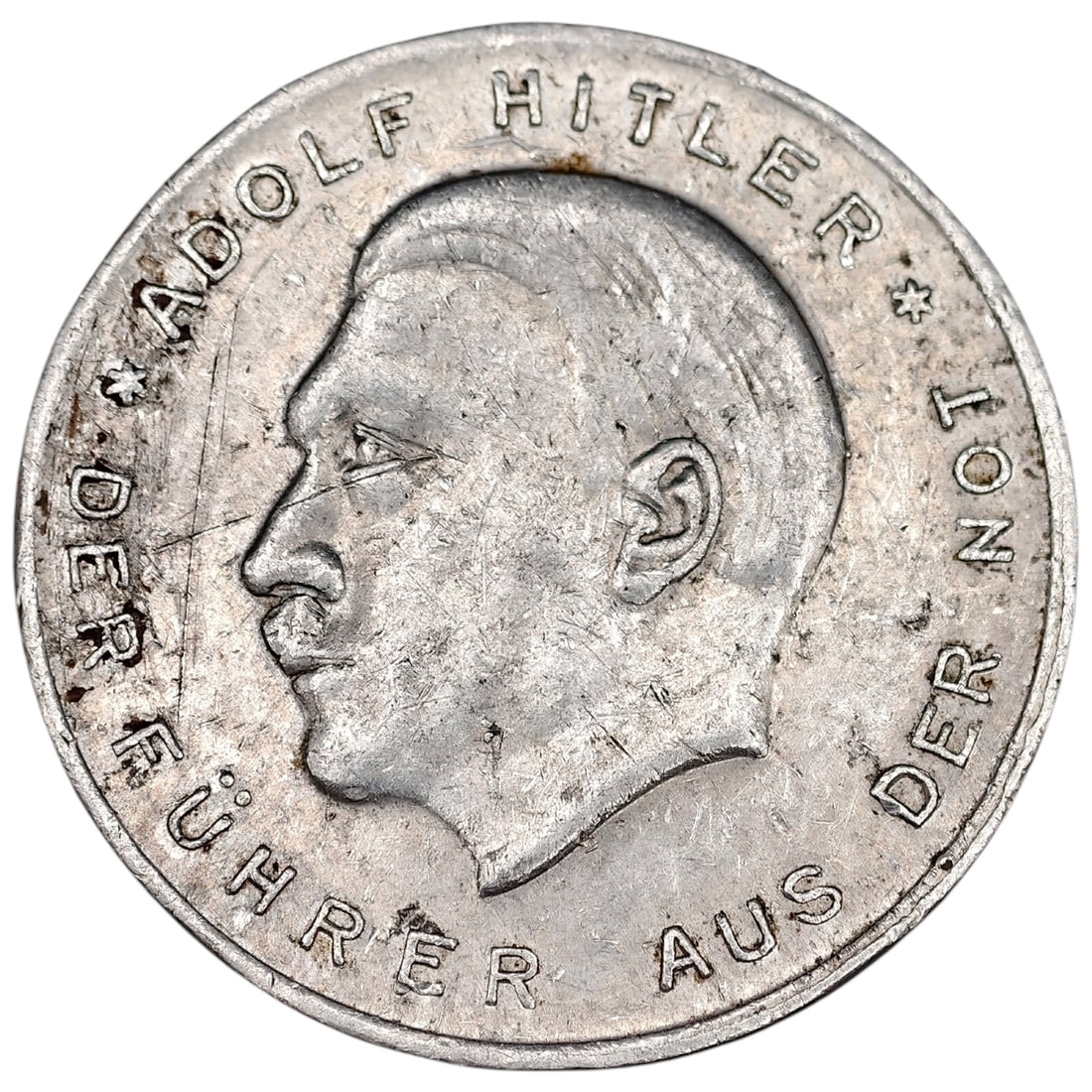 Third Reich Adolf Hitler German National Socialist Propaganda Token: A white-metal (aluminum) propaganda token commemorating the September 14, 1930 Reichstag election. Obverse features a left-facing profile portrait of Adolf Hitler with the inscription "ADOLF HITLER - 