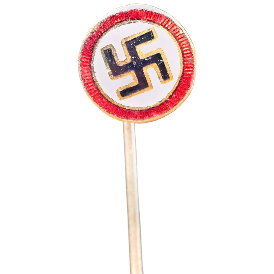 Early NSDAP Nazi Supporters Stickpin: A small round enamel stickpin featuring a black swastika on a white ground within a red enamel border, mounted on a thin metal pin. No maker markings are visible in the photos. Likely a period NSDAP