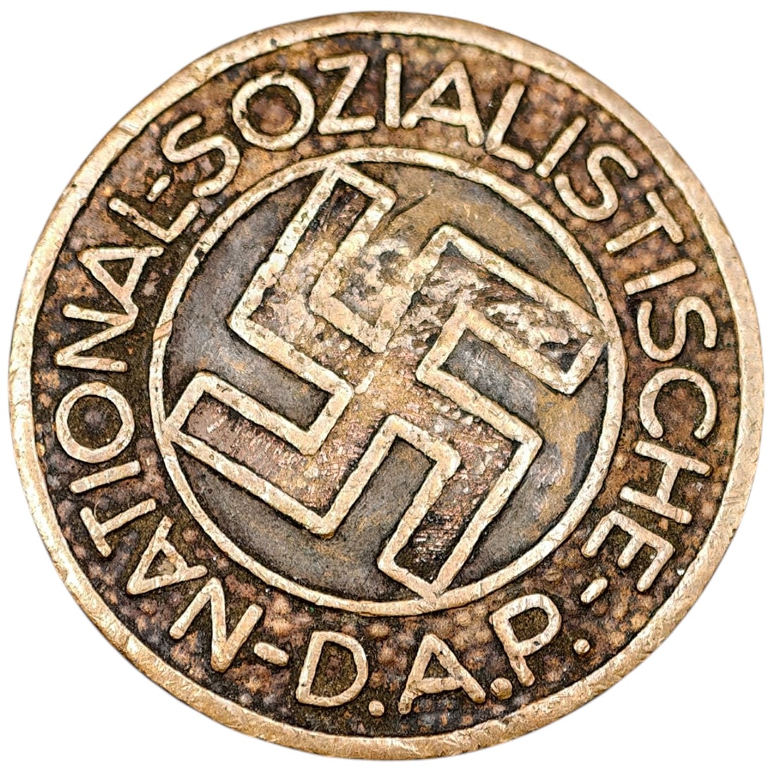 NSDAP Membership Badge - Unfinished: A round metal membership badge with raised swastika at center encircled by the inscription "NATIONAL-SOZIALISTISCHE N.S.D.A.P." The reverse retains a maker's roundel mark and stamped numerals.