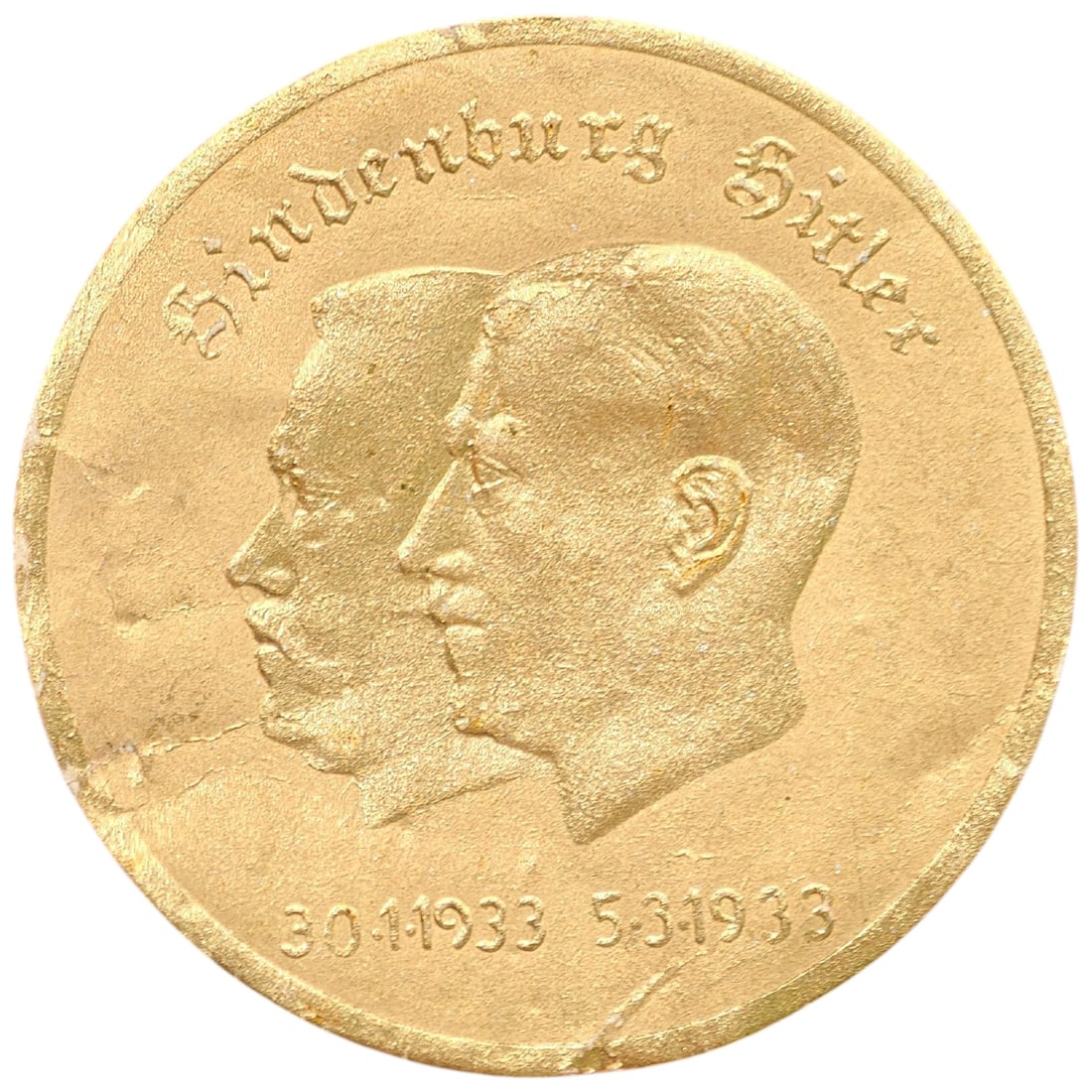 German 1933 Hindenburg-Hitler Commemorative Paper Tag: A commemorative tag featuring conjoined profile busts of Reich President Paul von Hindenburg and Adolf Hitler, with raised Gothic-script inscription "Hindenburg Hitler" above and dates "30.1.1933" and