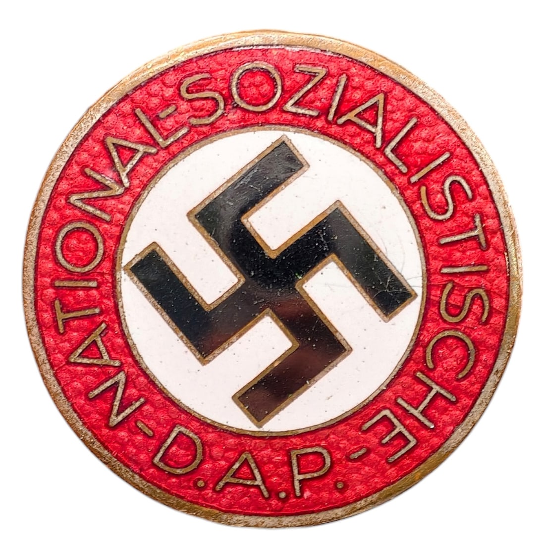 NSDAP Membership Badge RZM M1/72: A round enamel NSDAP membership badge with red outer ring reading "NATIONAL-SOZIALISTISCHE D.A.P." surrounding a central white disc with black swastika. Reverse retains an RZM logo stamp and