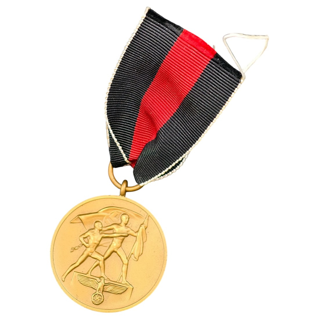 Third Reich Nazi Sudetenland Medal: Third Reich commemorative medal issued to mark the annexation of the Sudetenland, featuring two male figures with flags standing over an eagle and swastika on the obverse. The reverse bears the inscri