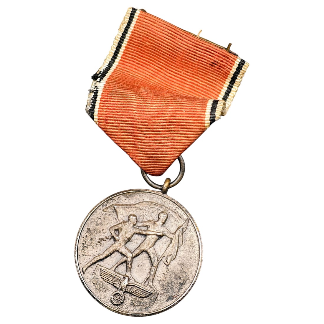 Third Reich Nazi Austrian Annexation Medal: Third Reich commemorative medal issued to mark the annexation of Austria, dated 13 März 1938. Obverse depicts two striding male figures carrying a flag, standing above an eagle and swastika. Reverse 