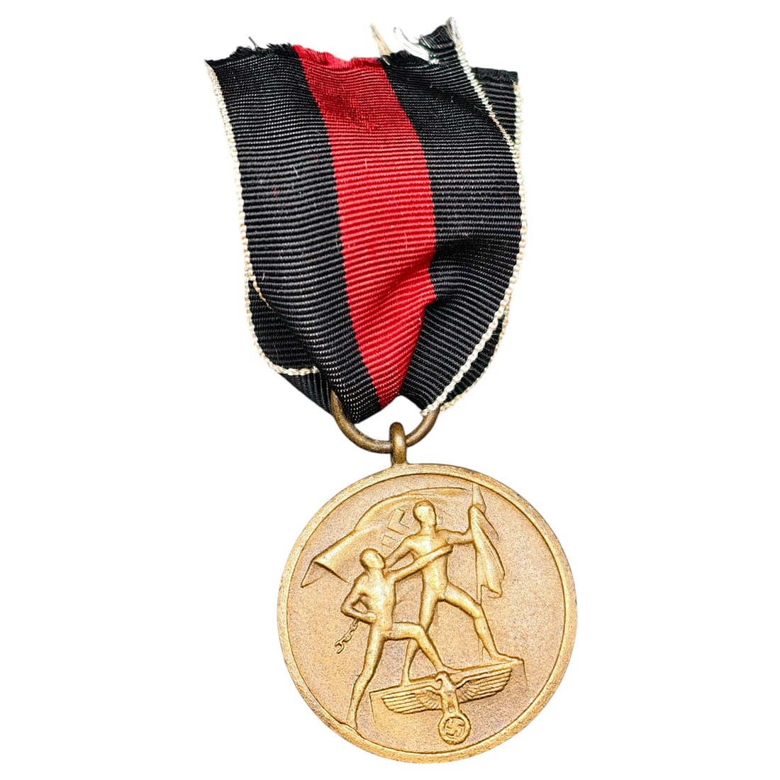 Sudetenland Medal – Third Reich Nazi Era Medal: Third Reich commemorative medal marked 'EIN VOLK EIN REICH EIN FÜHRER' and dated '1. OKTOBER 1938', issued to commemorate the annexation of the Sudetenland. Obverse depicts two male figures raising f