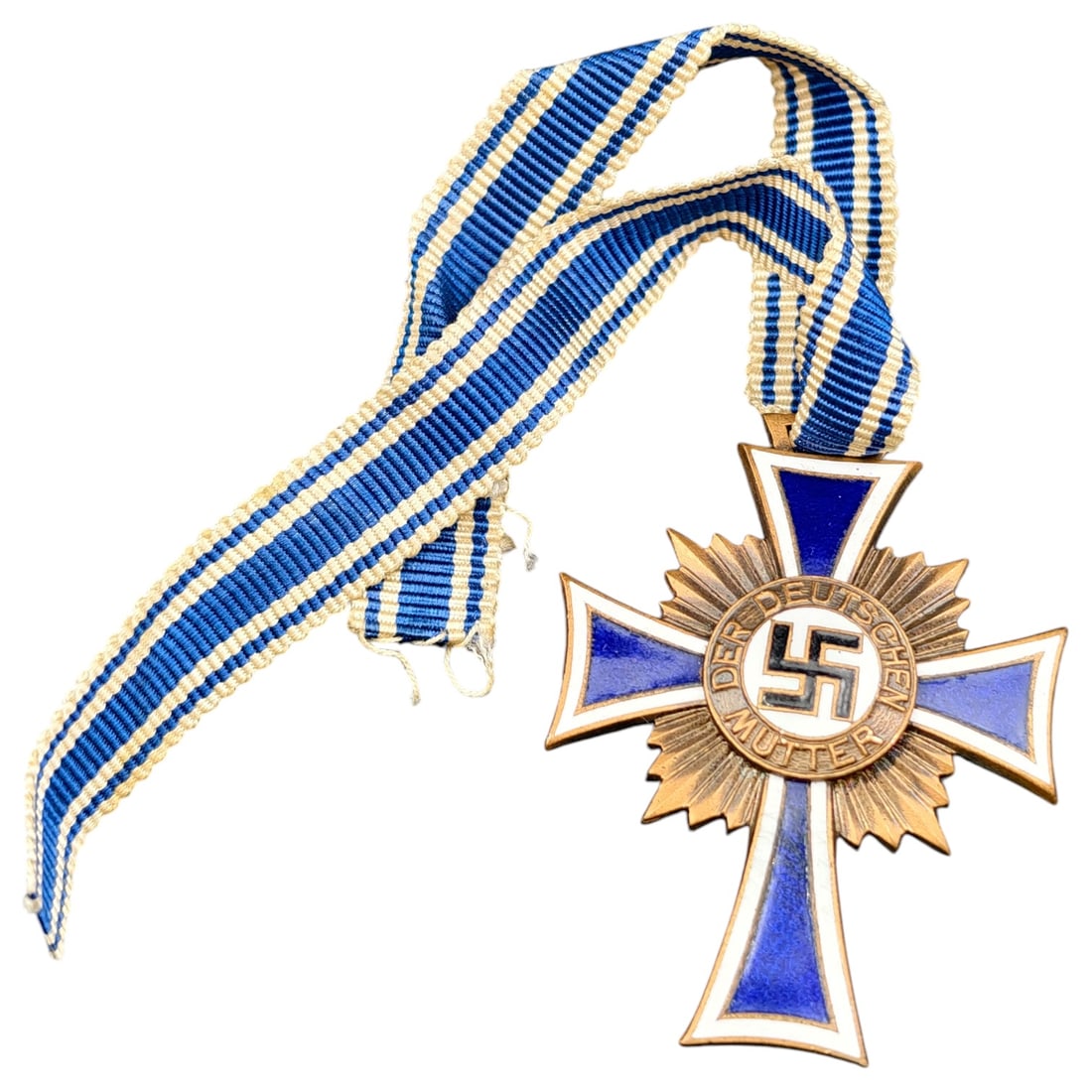 Third Reich Nazi Mothers Cross in Bronze: A Third Reich Cross of Honor of the German Mother, bronze grade, with blue and white enameled cross arms and central medallion inscribed "DER DEUTSCHEN MUTTER" surrounding a swastika. The reverse bear
