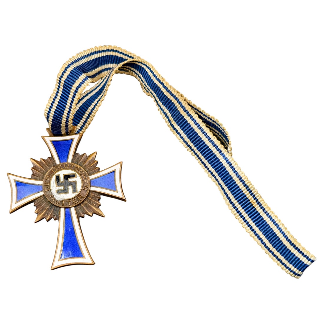 Mothers Cross in Bronze – Third Reich Nazi Era Medal: Third Reich Cross of Honor of the German Mother, bronze grade (3rd class), awarded to mothers of four or more children. Obverse features blue enamel arms with white borders, a central medallion inscri