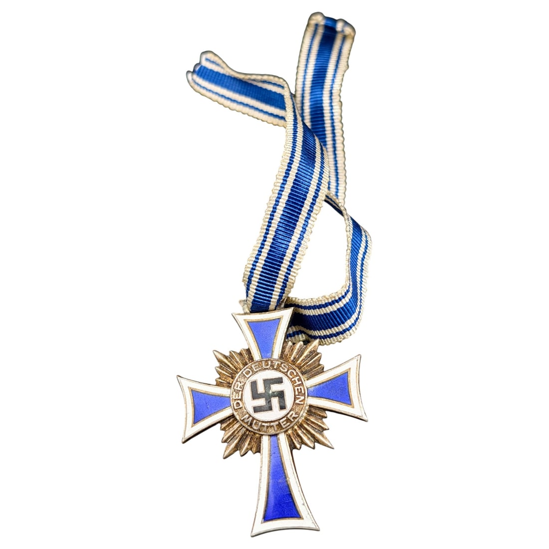 Mothers Cross in Silver – Third Reich Nazi Era Medal: Third Reich era Mother's Cross awarded to German mothers, dated "16 Dezember 1938" with facsimile Hitler signature on the reverse. Obverse features blue and white enamel cross with central swastika me