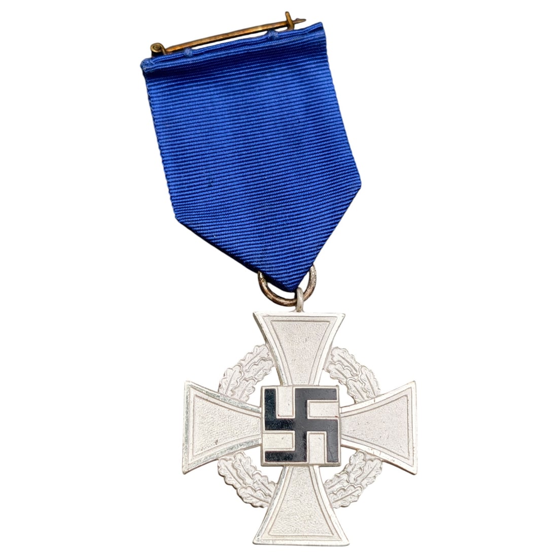 25 Year Faithful Service Medal - Third Reich Nazi Era Medal: A cross-form long-service award in what appears to be silvered metal (Treudienst-Ehrenzeichen) for 25 years of service, reverse inscribed "Für treue Dienste" (For Faithful Service) within a laurel wr