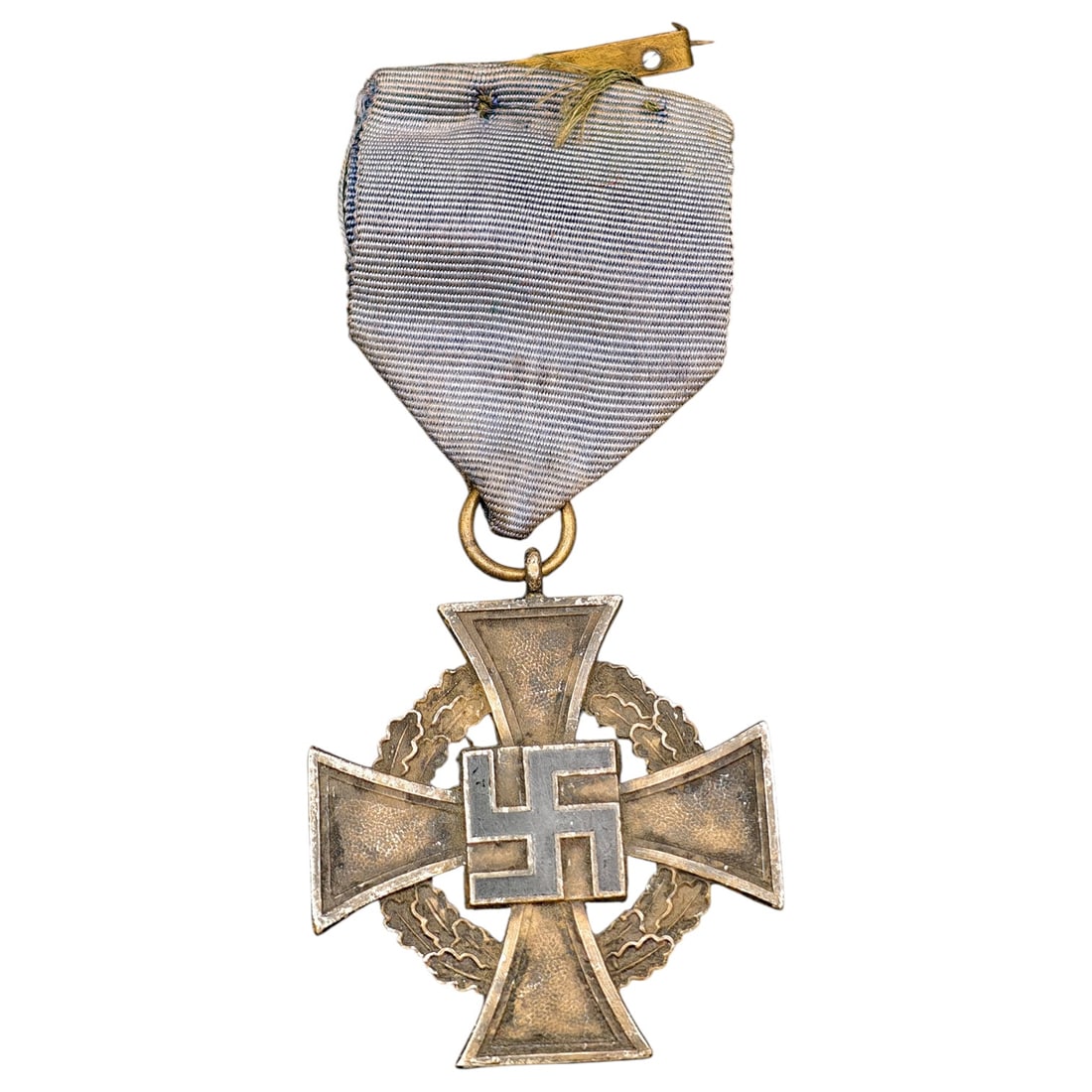 Third Reich Nazi 25 Year Faithful Service Medal: A cross-form Faithful Service Award medal in what appears to be silver with a mobile swastika center on the obverse and 'Für treue Dienste' inscribed on the reverse within an oak-leaf wreath. Suspend
