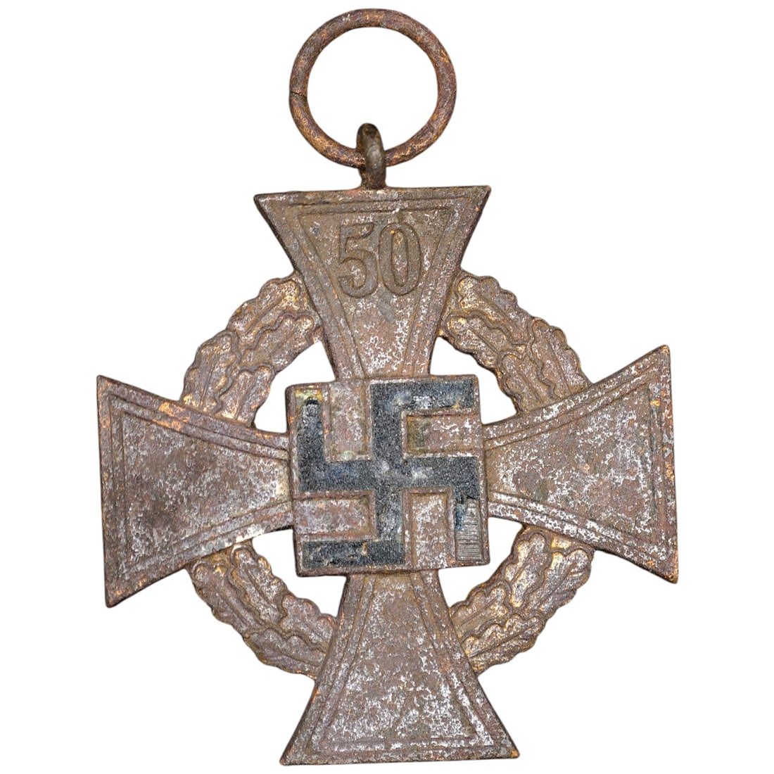 Third Reich Nazi 50 Year Faithful Service Medal: A Third Reich-era Faithful Service Cross awarded for 50 years of service, cross-form medal with oakleaf wreath surrounding a central mobile swastika device on the obverse and the numeral "50" at the t